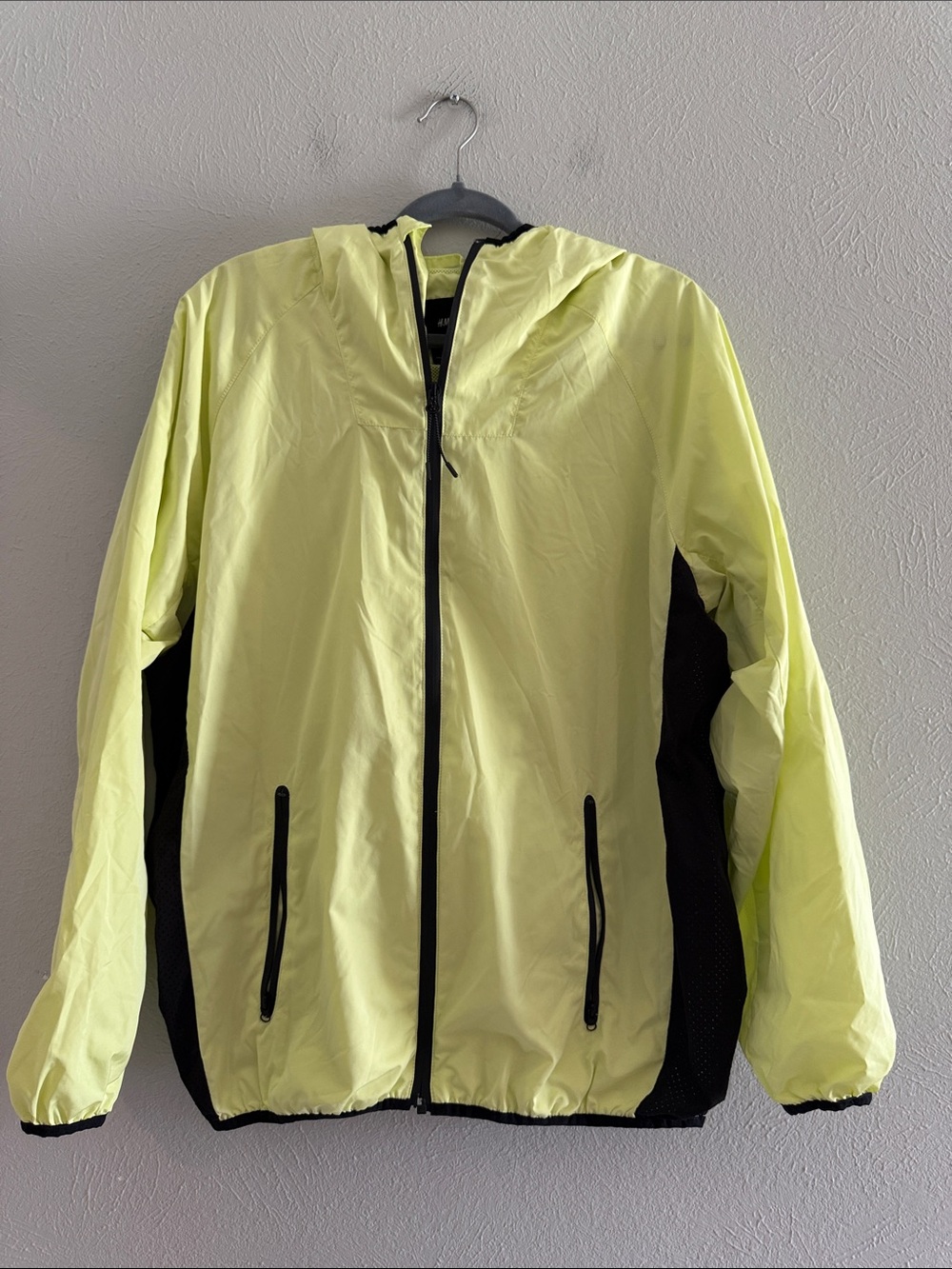 EUC H&M Hooded Windbreaker Jacket - Neon Yellow/Green with Black trim.